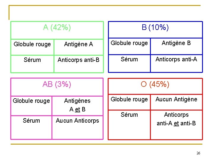 A (42%) B (10%) Globule rouge Antigène A Globule rouge Antigène B Sérum Anticorps