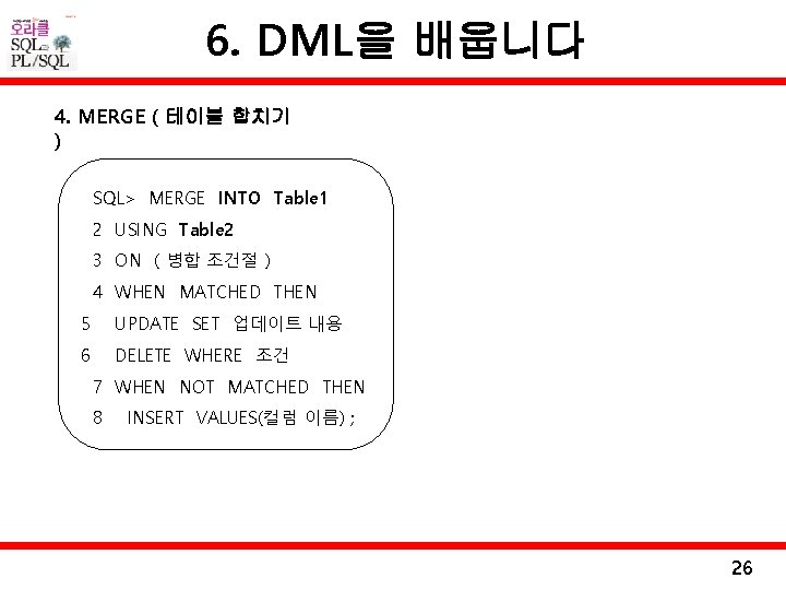 6. DML을 배웁니다 4. MERGE ( 테이블 합치기 ) SQL> MERGE INTO Table 1