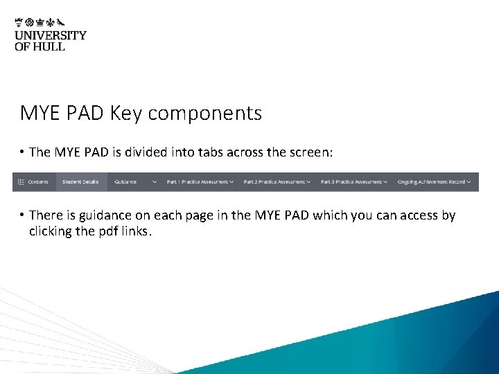 MYE PAD Key components • The MYE PAD is divided into tabs across the
