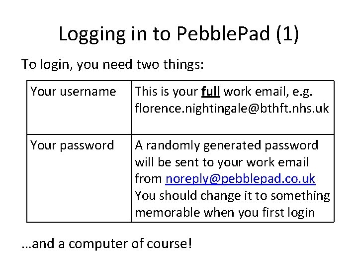 Logging in to Pebble. Pad (1) To login, you need two things: Your username