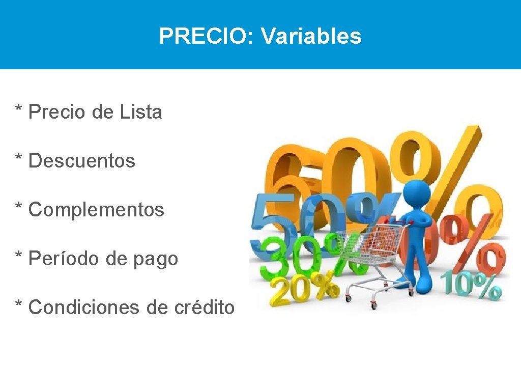 PRECIO: Variables * Precio de Lista * Descuentos * Complementos * Período de pago