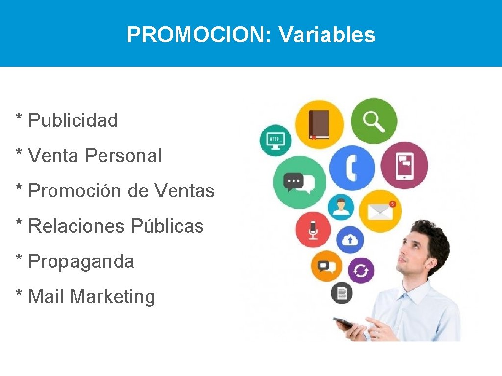 PROMOCION: Variables * Publicidad * Venta Personal * Promoción de Ventas * Relaciones Públicas