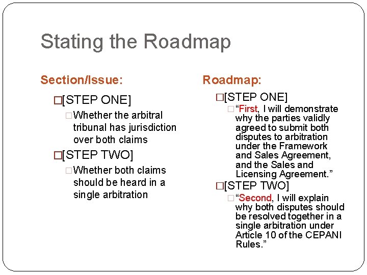 Stating the Roadmap Section/Issue: �[STEP ONE] �Whether the arbitral tribunal has jurisdiction over both