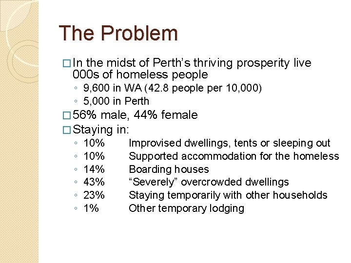 The Problem � In the midst of Perth’s thriving prosperity live 000 s of