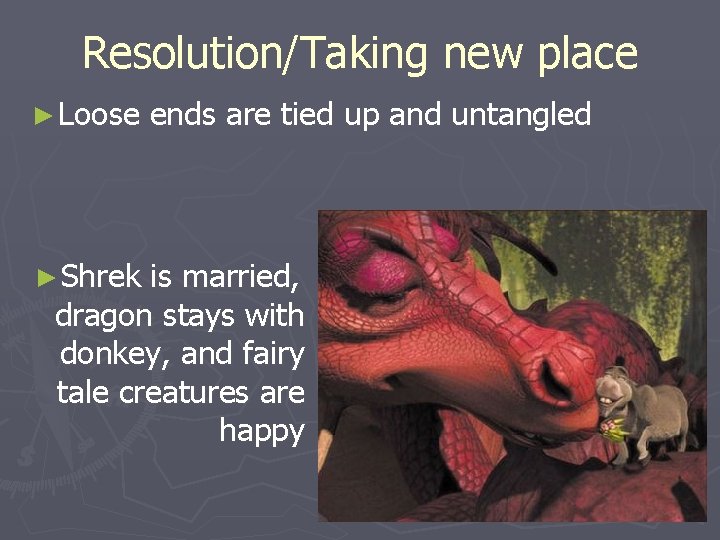 Resolution/Taking new place ► Loose ► Shrek ends are tied up and untangled is