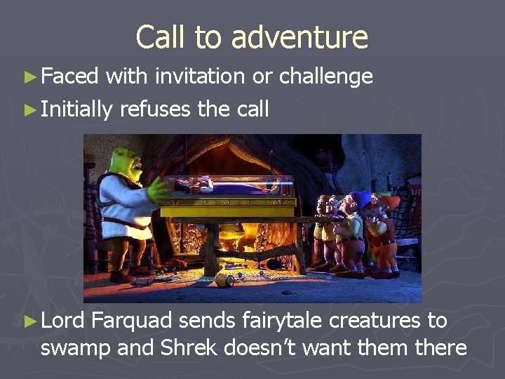 Call to adventure ► Faced with invitation or challenge ► Initially refuses the call