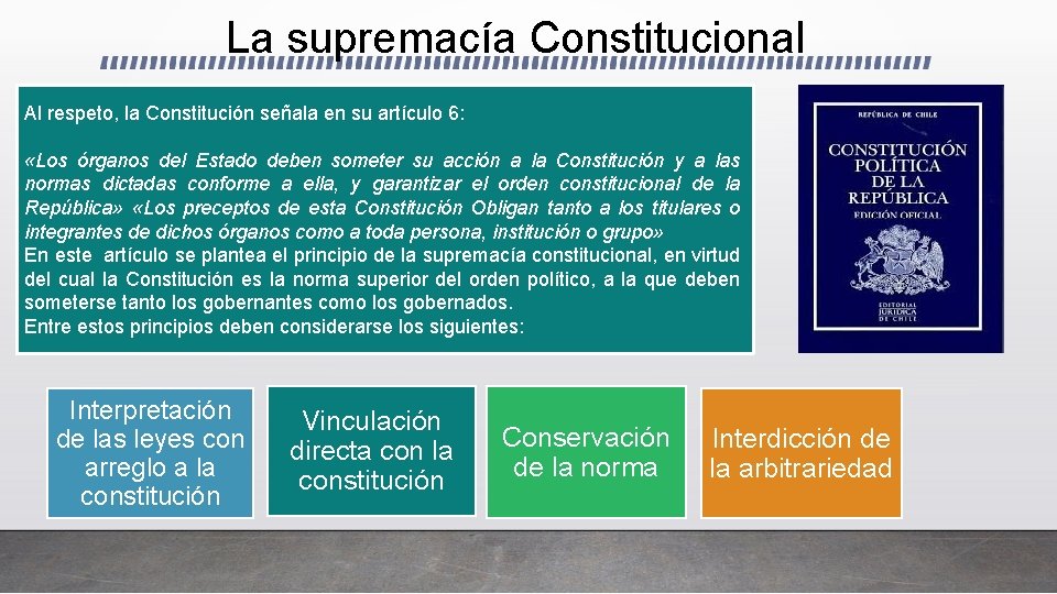 La supremacía Constitucional Al respeto, la Constitución señala en su artículo 6: «Los órganos