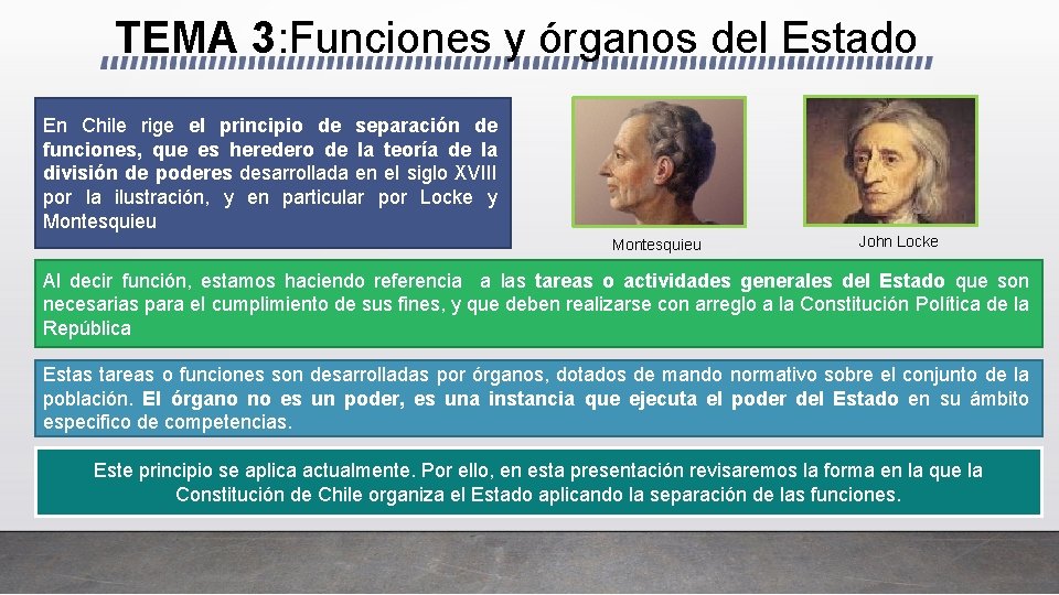 TEMA 3: Funciones y órganos del Estado En Chile rige el principio de separación