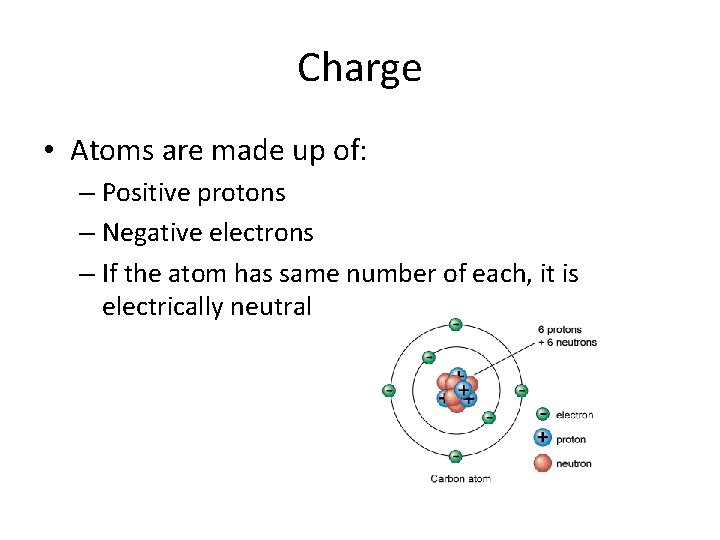 Charge • Atoms are made up of: – Positive protons – Negative electrons –