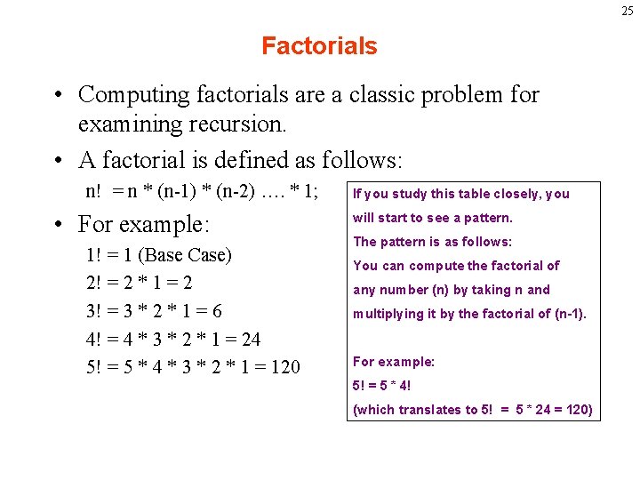 25 Factorials • Computing factorials are a classic problem for examining recursion. • A