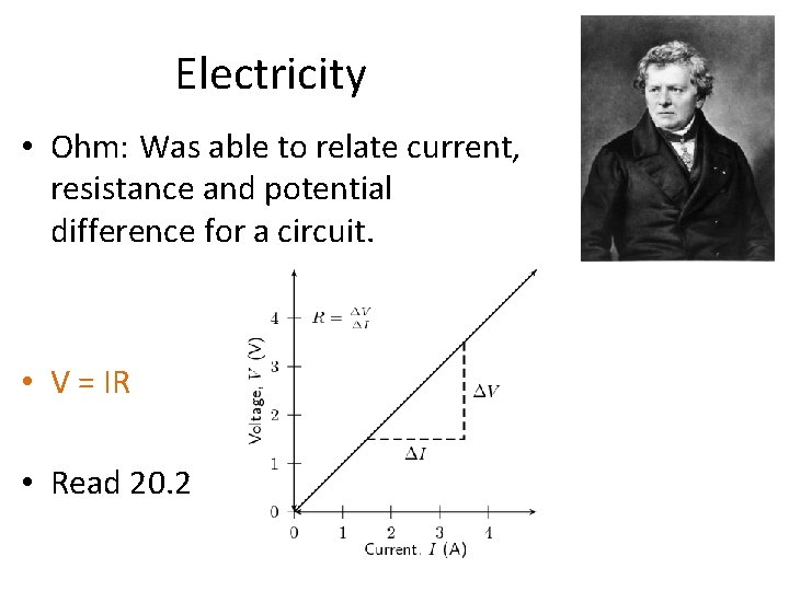 Electricity • Ohm: Was able to relate current, resistance and potential difference for a