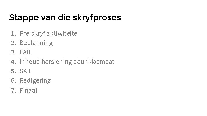 Stappe van die skryfproses 1. 2. 3. 4. 5. 6. 7. Pre-skryf aktiwiteite Beplanning