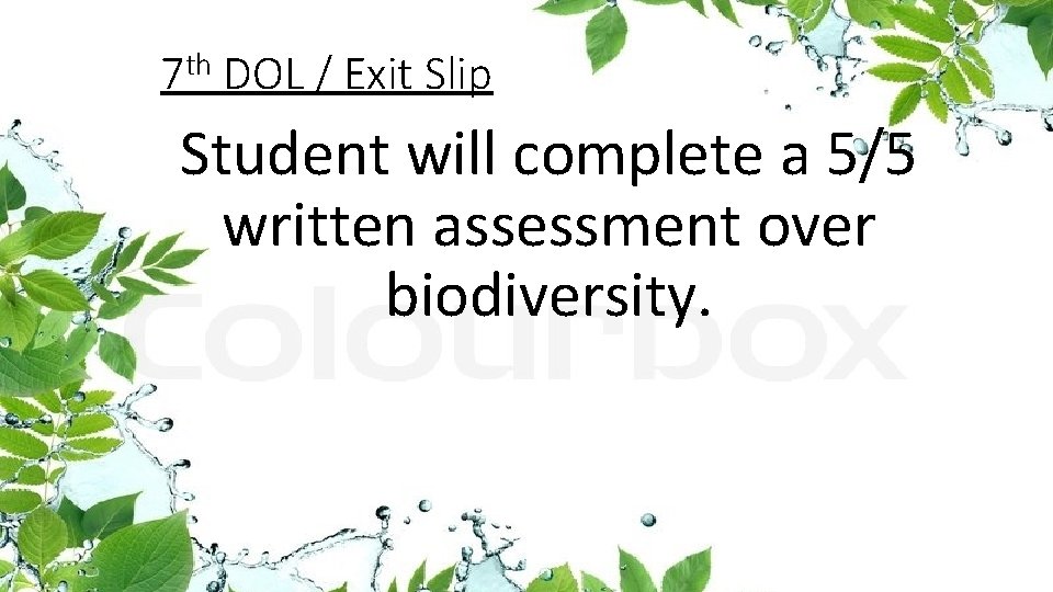 th 7 DOL / Exit Slip Student will complete a 5/5 written assessment over