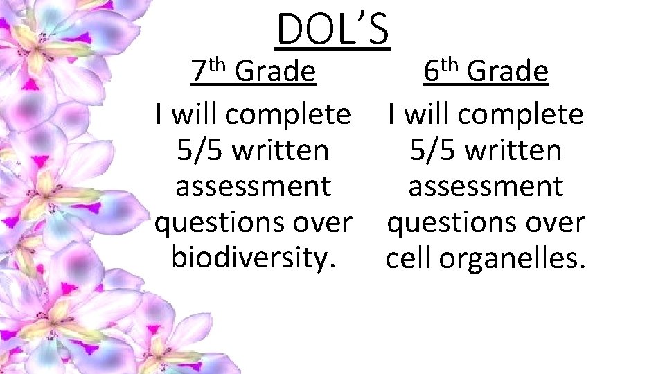 th 7 DOL’S Grade I will complete 5/5 written assessment questions over biodiversity. cell