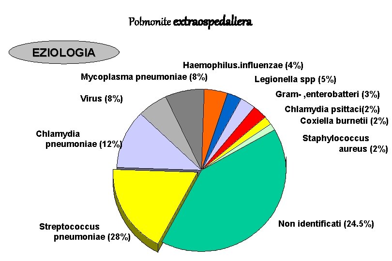 Polmonite extraospedaliera EZIOLOGIA Haemophilus. influenzae (4%) Mycoplasma pneumoniae (8%) Legionella spp (5%) Virus (8%)