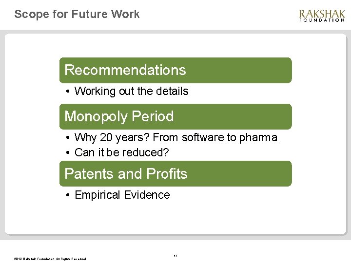 Scope for Future Work Recommendations • Working out the details Monopoly Period • Why