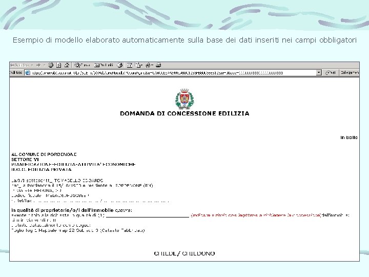 Esempio di modello elaborato automaticamente sulla base dei dati inseriti nei campi obbligatori 