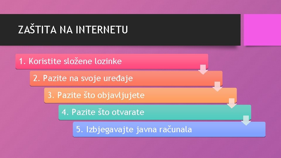 ZAŠTITA NA INTERNETU 1. Koristite složene lozinke 2. Pazite na svoje uređaje 3. Pazite