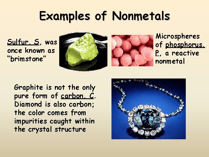 Examples of Nonmetals Sulfur, S, was once known as “brimstone” Graphite is not the
