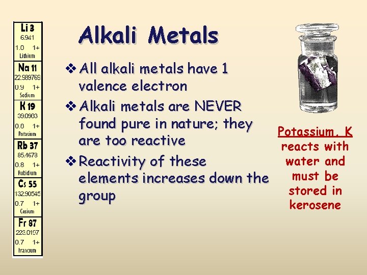 Alkali Metals v All alkali metals have 1 valence electron v Alkali metals are