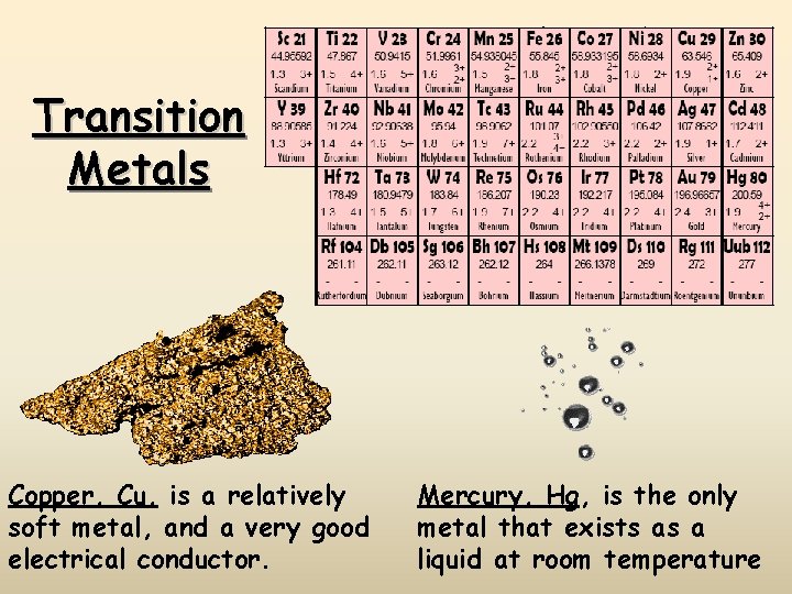 Transition Metals Copper, Cu, is a relatively soft metal, and a very good electrical
