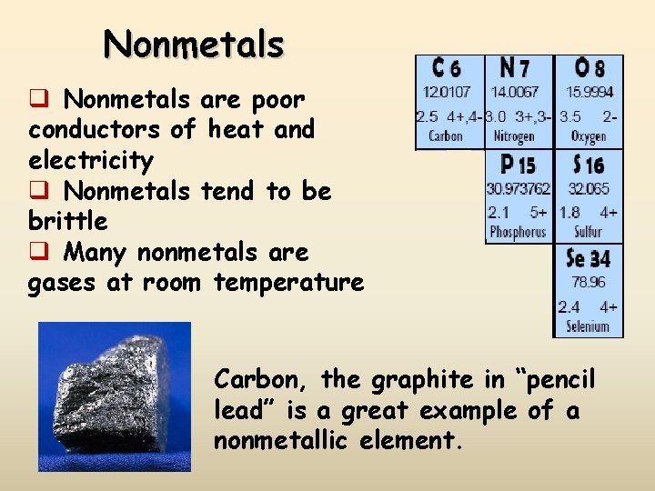 Nonmetals q Nonmetals are poor conductors of heat and electricity q Nonmetals tend to