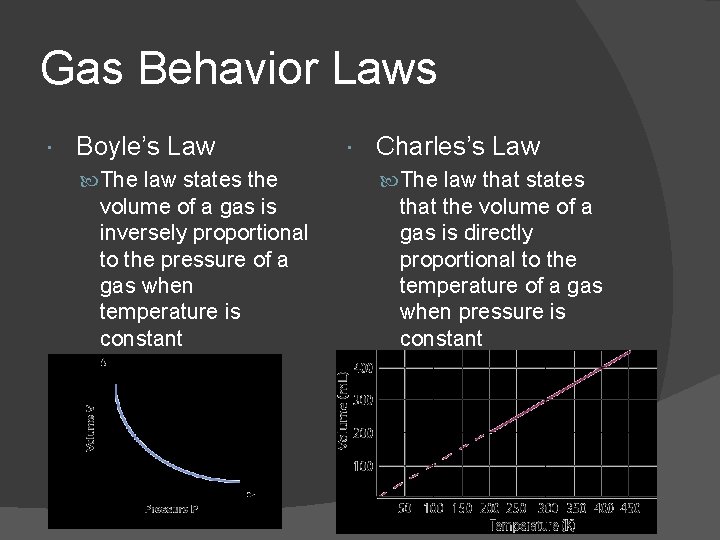 Gas Behavior Laws Boyle’s Law The law states the volume of a gas is