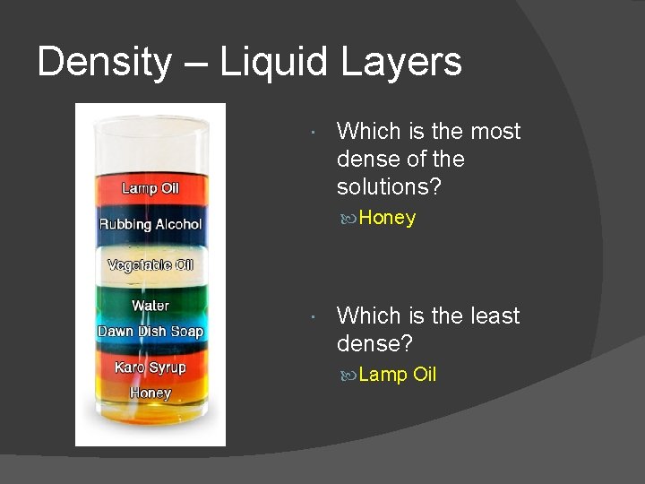 Density – Liquid Layers Which is the most dense of the solutions? Honey Which
