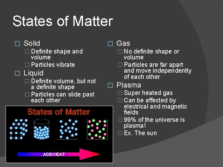 States of Matter � Solid � � Definite shape and � No definite shape