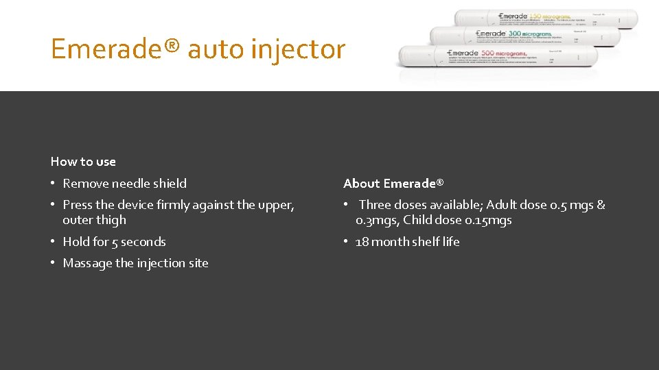 Emerade® auto injector How to use • Remove needle shield About Emerade® • Press