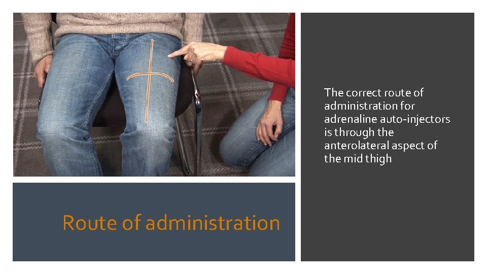 The correct route of administration for adrenaline auto-injectors is through the anterolateral aspect of