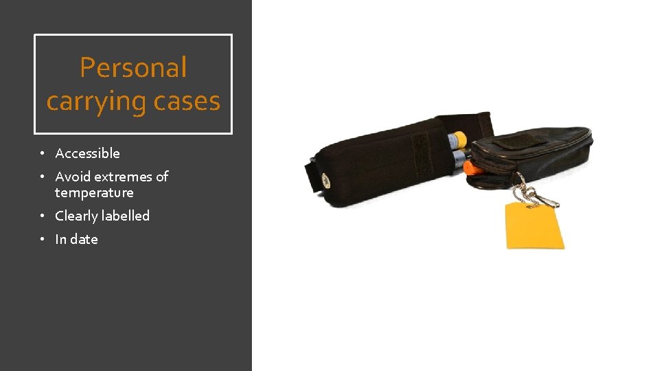 Personal carrying cases • Accessible • Avoid extremes of temperature • Clearly labelled •