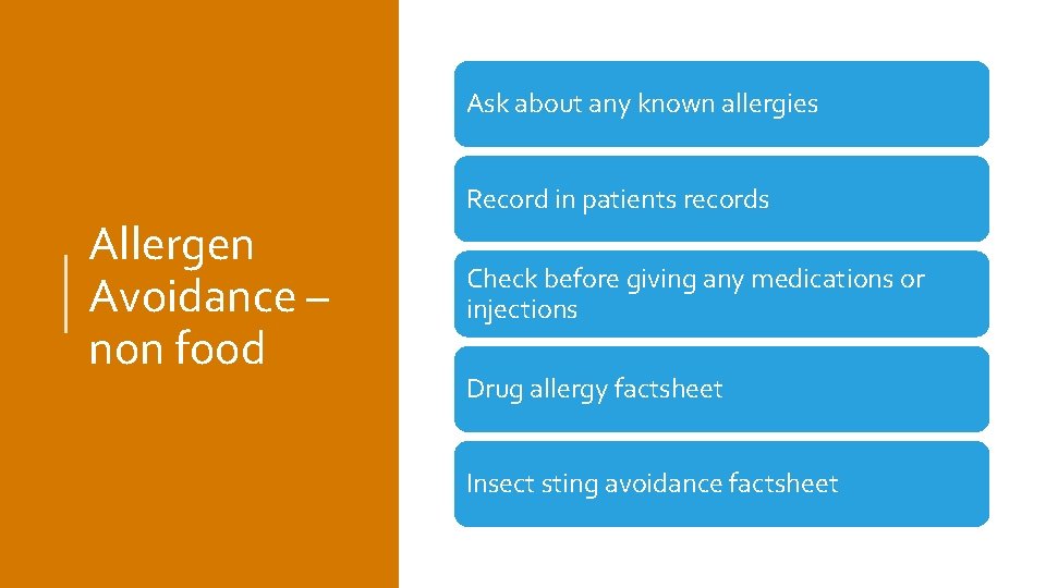 Ask about any known allergies Allergen Avoidance – non food Record in patients records