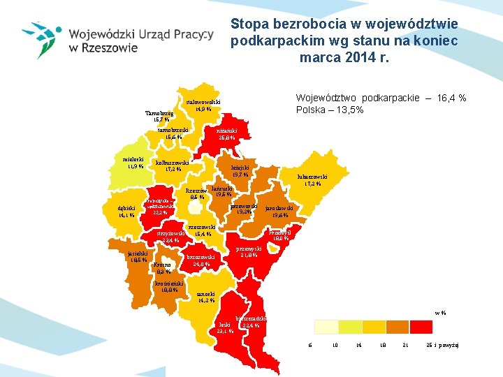 Stopa bezrobocia w województwie podkarpackim wg stanu na koniec marca 2014 r. Tarnobrzeg 15,