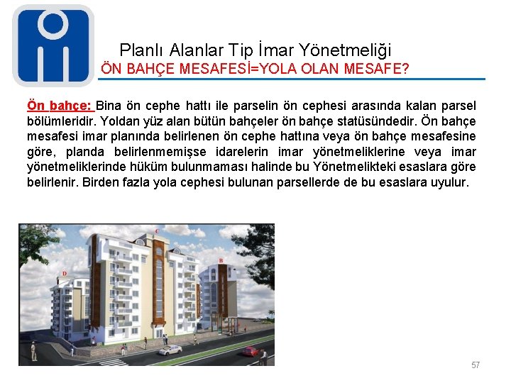 Planlı Alanlar Tip İmar Yönetmeliği ÖN BAHÇE MESAFESİ=YOLA OLAN MESAFE? Ön bahçe: Bina ön