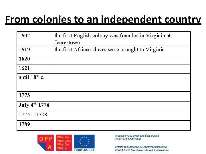 From colonies to an independent country 1607 1619 1620 1621 until 18 th c.