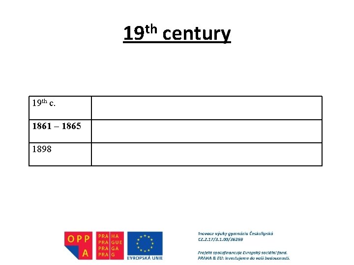 19 th century 19 th c. 1861 – 1865 1898 