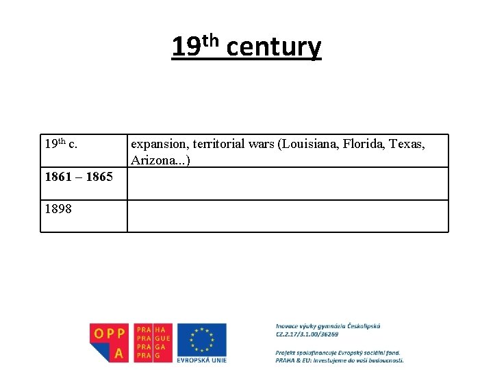 19 th century 19 th c. 1861 – 1865 1898 expansion, territorial wars (Louisiana,