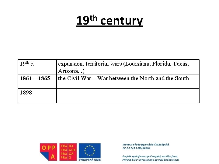 19 th century 19 th c. 1861 – 1865 1898 expansion, territorial wars (Louisiana,