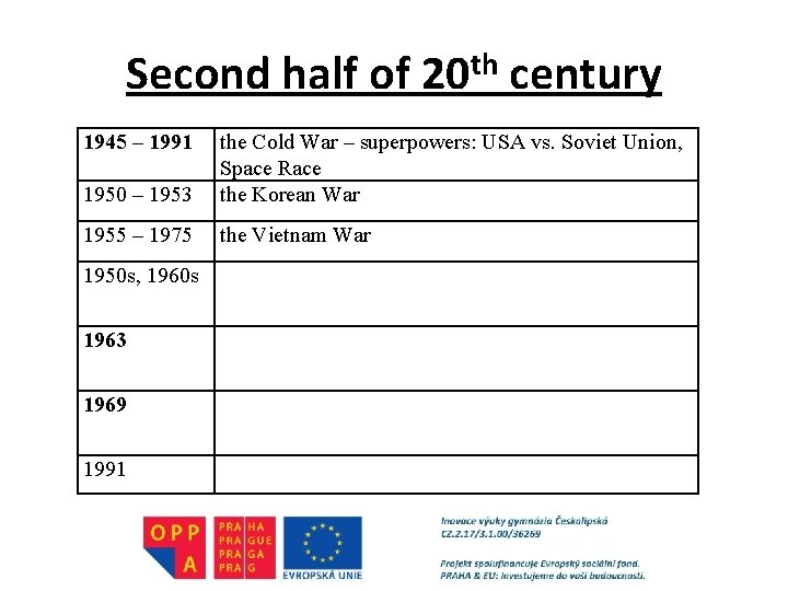 Second half of 20 th century 1945 – 1991 1950 – 1953 the Cold