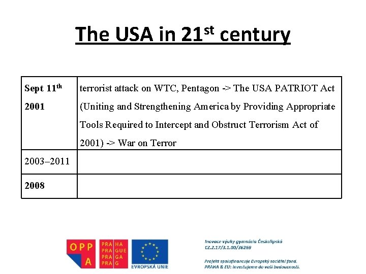 The USA in 21 st century Sept 11 th terrorist attack on WTC, Pentagon