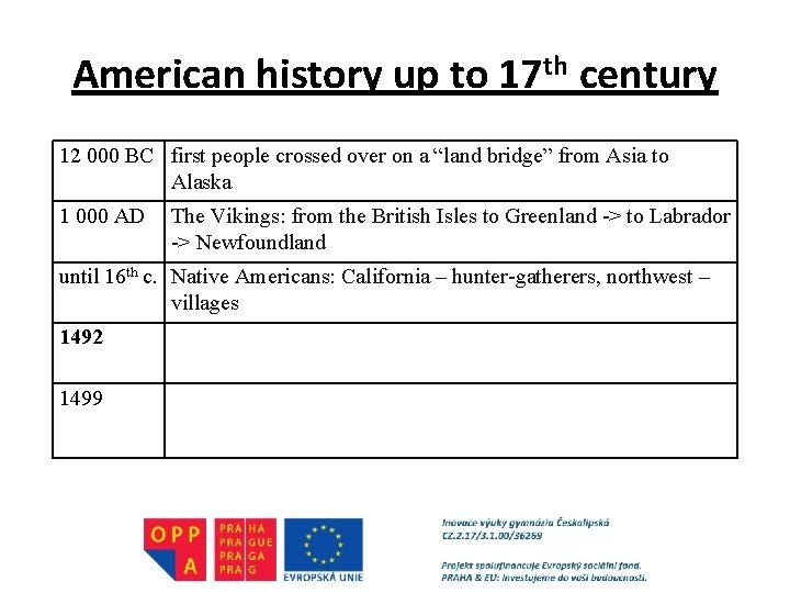 American history up to 17 th century 12 000 BC first people crossed over