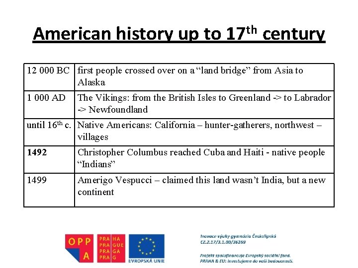 American history up to 17 th century 12 000 BC first people crossed over