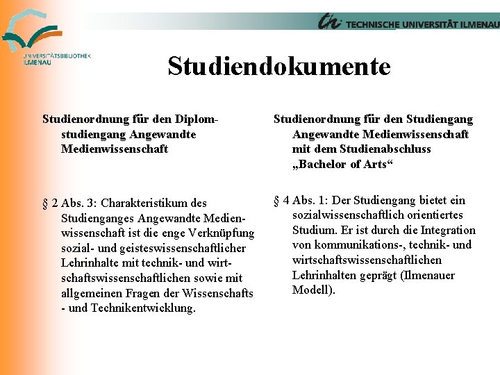 Studiendokumente Studienordnung für den Diplomstudiengang Angewandte Medienwissenschaft Studienordnung für den Studiengang Angewandte Medienwissenschaft mit