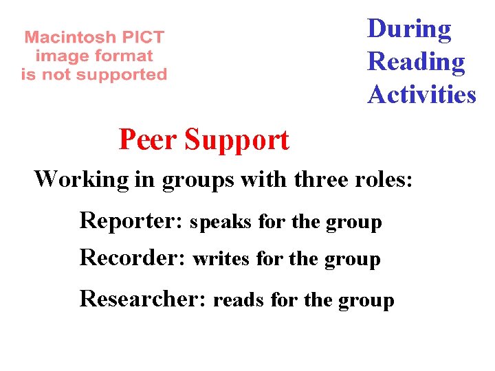 During Reading Activities Peer Support Working in groups with three roles: Reporter: speaks for