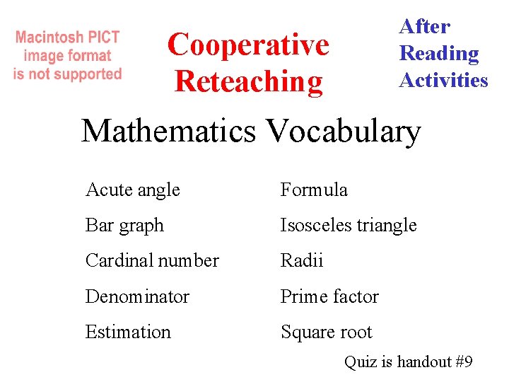 After Reading Activities Cooperative Reteaching Mathematics Vocabulary Acute angle Formula Bar graph Isosceles triangle