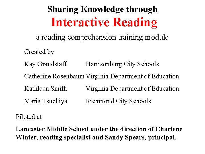 Sharing Knowledge through Interactive Reading a reading comprehension training module Created by Kay Grandstaff