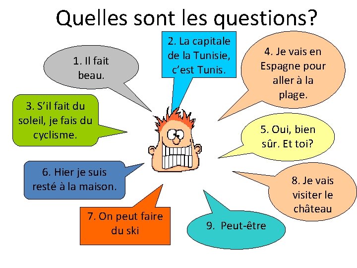 Quelles sont les questions? 1. Il fait beau. 3. S’il fait du soleil, je