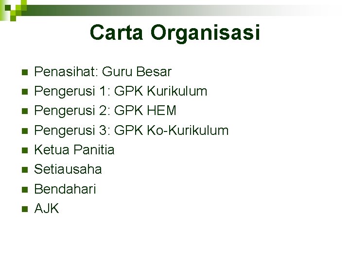 Carta Organisasi n n n n Penasihat: Guru Besar Pengerusi 1: GPK Kurikulum Pengerusi