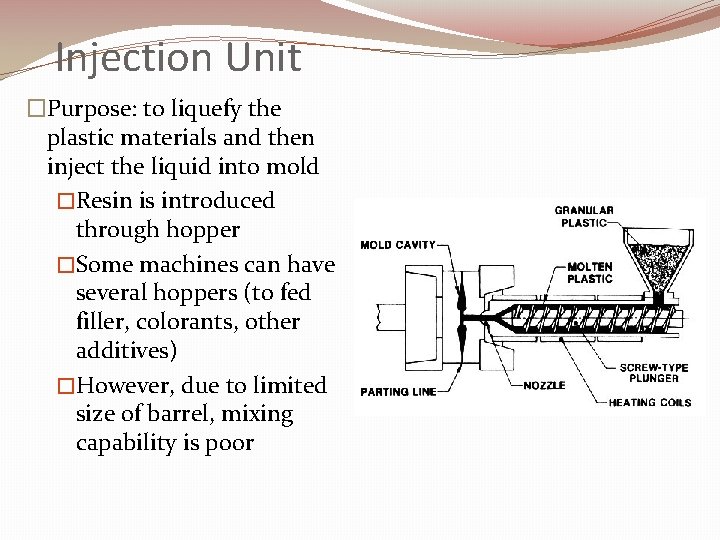 Injection Unit �Purpose: to liquefy the plastic materials and then inject the liquid into